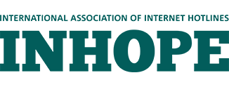 Logo InHope sfondo bianco e scritte verde pertrolio scuro, sopra la scritta International Association of Internet Hotlines e sotto scritta più grande Inhope.