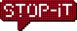 Logo Stop-it a forma di vignetta con sfondo rosso a quadratini e scritta in bianco.